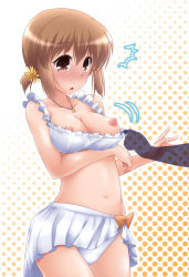 Rule 34 | 10s, 1girl, ^^^, alternate hairstyle, assisted exposure, bikini, bow, breast hold, breasts, brown eyes, brown hair, cleavage, collarbone, flower, frilled bikini, frills, hagiwara yukiho, hair flower, hair ornament, highres, idolmaster, idolmaster (classic), idolmaster cinderella girls, jewelry, navel, necklace, nipples, open mouth, pendant, puffy nipples, short hair, short twintails, solo focus, swimsuit, twintails, white bikini, yoshi tama