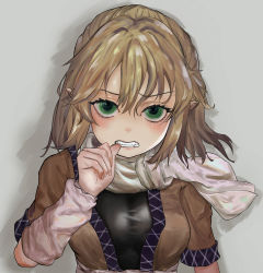 Rule 34 | 1girl, absurdres, arm warmers, biting, biting own thumb, black shirt, blonde hair, blush, breasts, brown jacket, clenched teeth, commentary request, green eyes, half updo, henginnnnnn, highres, jacket, layered clothes, looking at viewer, medium breasts, medium hair, mizuhashi parsee, multicolored clothes, multicolored jacket, pointy ears, scarf, shirt, short sleeves, solo, teeth, biting own thumb, touhou, upper body, white scarf