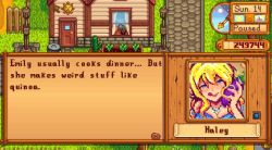 Rule 34 | 1girl, :q, blonde hair, breasts, cleavage, eggplant, fake screenshot, female focus, haley (stardew valley), large breasts, nature, outdoors, pupoo, screencap, sexually suggestive, solo, stardew valley, tongue, tongue out