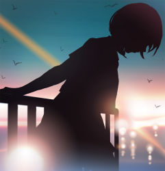 Rule 34 | 1girl, arms behind back, aya (star), backlighting, bad id, bad pixiv id, commentary, leaning forward, lens flare, looking down, original, profile, railing, rooftop, short hair, silhouette, sketch, skirt, solo, sunset