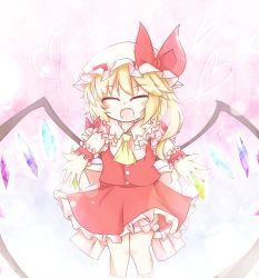 Rule 34 | 1girl, ascot, bad id, bad pixiv id, blonde hair, bloomers, closed eyes, fangs, flandre scarlet, gradient background, hat, hat ribbon, heart, highres, incoming hug, legs together, mob cap, open hands, open mouth, outstretched arms, pink background, ribbon, short hair, short sleeves, side ponytail, skirt, skirt set, solo, touhou, tsumurikoto, underwear, wings, wrist cuffs