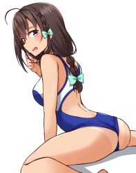 Rule 34 | 1girl, absurdres, ahoge, arm support, ass, bare arms, bare legs, bare shoulders, blue one-piece swimsuit, blush, bow, braid, breasts, brown hair, casual one-piece swimsuit, commentary request, green bow, hair between eyes, hair bow, high school fleet, highres, kapatarou, leaning forward, long hair, medium breasts, one-piece swimsuit, parted lips, purple eyes, sitting, solo, swimsuit, tan, tanline, uchida mayumi, wariza, wedgie