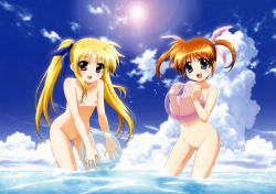Rule 34 | 10s, 2girls, :d, absurdres, ball, blonde hair, blue eyes, blue sky, blush, brown hair, cleft of venus, cloud, collarbone, fate testarossa, female focus, flat chest, hair ribbon, highres, lens flare, long hair, long image, looking at viewer, lyrical nanoha, mahou shoujo lyrical nanoha, mahou shoujo lyrical nanoha the movie 1st, maroon eyes, multiple girls, navel, nipples, nude, nude filter, ocean, open mouth, outdoors, pussy, ribbon, short twintails, sky, smile, takamachi nanoha, third-party edit, twintails, uncensored, wading, water, wide image