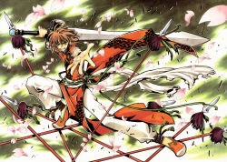 Rule 34 | absurdres, brown hair, character request, cherry blossoms, clamp, green eyes, highres, holding, holding sword, holding weapon, male focus, solo, sword, tsubasa chronicle, weapon