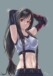 Rule 34 | 1girl, absurdres, armpits, arms behind head, arms up, black gloves, black hair, breasts, closed mouth, crop top, elbow gloves, final fantasy, final fantasy vii, gloves, highres, kazumiminagawa, large breasts, long hair, looking at viewer, mid, navel, shirt, simple background, skirt, sleeveless, sleeveless shirt, smile, solo, standing, tifa lockhart, white shirt