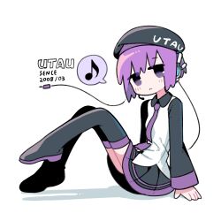 Rule 34 | 1girl, :&lt;, arm support, beret, black footwear, black hat, black skirt, black sleeves, blush, boots, cable, closed mouth, collared shirt, copyright name, foot up, from side, half-closed eyes, hat, headset, highres, inemuri (jdq5e), knees up, long sleeves, looking at viewer, musical note, necktie, no sclera, pleated skirt, purple eyes, purple hair, purple necktie, shirt, short hair, simple background, sitting, skirt, solo, spoken musical note, thigh boots, utane uta, utau, white background, white shirt