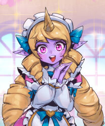 Rule 34 | 1girl, :d, apron, blue bow, blue bowtie, blush, bow, bowtie, cafe cuties soraka, colored skin, cowboy shot, dress, drill hair, heart, horns, indoors, league of legends, long sleeves, maid apron, maid headdress, open mouth, own hands together, phantom ix row, pink dress, pink eyes, pink skin, pointy ears, single horn, smile, solo, soraka (league of legends), sparkle, teeth, tongue, twin drills, twintails, upper teeth only, white dress, window