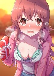 Rule 34 | 1girl, blush, box, box of chocolates, bra, bra peek, breasts, cleavage, collarbone, commentary, downblouse, ginmugi, hair between eyes, hair flaps, hand up, heavy breathing, highres, holding, holding box, hood, hooded jacket, idolmaster, idolmaster shiny colors, jacket, komiya kaho, large breasts, long hair, long sleeves, looking at viewer, open mouth, outdoors, pink jacket, red eyes, red hair, shirt, sidelocks, solo, steam, sunset, sweat, nervous sweating, underwear, valentine, white shirt