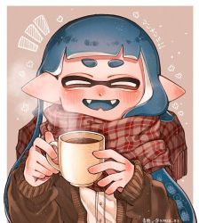 Rule 34 | 1girl, ^ ^, aoaza 83, blue hair, blunt bangs, blush, brown cardigan, cardigan, closed eyes, cup, dress shirt, ear blush, fangs, highres, hikimayu, holding, holding cup, inkling, inkling girl, inkling player character, long sleeves, mask, nintendo, open mouth, plaid, plaid scarf, pointy ears, scarf, shirt, smile, solo, steam, tentacle hair