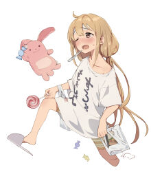 Rule 34 | 1girl, bag, blonde hair, blush, brown eyes, candy, clothes writing, fever, food, futaba anzu, highres, idolmaster, idolmaster cinderella girls, lollipop, long hair, low twintails, one eye closed, open mouth, sanpo (sanpo 1027), shirt, shopping bag, shorts, slippers, solo, striped clothes, striped shorts, stuffed animal, stuffed rabbit, stuffed toy, sweat, swirl lollipop, t-shirt, thermometer, twintails