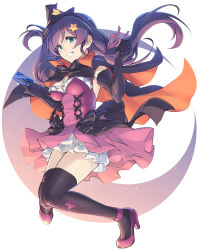 Rule 34 | 10s, 1girl, aqua eyes, black gloves, black thighhighs, breasts, cape, card, cleavage, dress, elbow gloves, floating hair, full body, gloves, grin, hair ribbon, halloween, hat, high heels, highres, holding, knees together feet apart, long hair, looking at viewer, love live!, love live! school idol festival, love live! school idol project, low twintails, makita (twosidegekilove), mini hat, mini witch hat, moon, purple dress, purple hair, ribbon, sash, sleeveless, smile, solo, star (symbol), star print, thighhighs, thighs, tojo nozomi, twintails, very long hair, wind, wind lift, witch hat, zettai ryouiki
