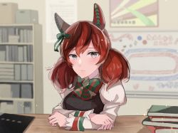 Rule 34 | 1girl, animal ears, blush, book, bow, breasts, character request, crossed arms, expressionless, grey eyes, highres, horse ears, horse girl, juliet sleeves, library, long sleeves, looking at viewer, medium breasts, puffy sleeves, red hair, sitting, solo, stack (sack b7), striped, striped bow, twintails, umamusume, upper body