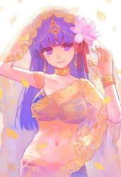 Rule 34 | 1girl, breasts, c f lanteon, commentary request, earrings, fate/grand order, fate (series), flower, hair flower, hair ornament, hair ribbon, head tilt, indian clothes, jewelry, large breasts, leaf, long hair, looking at viewer, matou sakura, midriff, navel, necklace, parvati (fate), purple eyes, purple hair, ribbon, ring, see-through, shawl, smile, solo, thumb ring