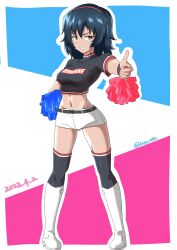 Rule 34 | 1girl, absurdres, andou (girls und panzer), black hair, black shirt, black thighhighs, blush, breasts, cheerleader, dated, drops mint, french flag, girls und panzer, grin, hairband, highres, large breasts, looking at viewer, navel, pom pom (cheerleading), shirt, short hair, shorts, signature, smile, solo, thighhighs, thumbs up, white shorts, yellow eyes