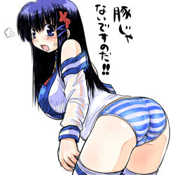 Rule 34 | 1girl, :o, angry, ass, back, bent over, black hair, blue eyes, blue panties, blush, breasts, butt crack, dd (ijigendd), detached sleeves, fume, hair ornament, huge ass, large breasts, looking back, no pants, os-tan, panties, shirt, sleeveless, solo, striped clothes, striped panties, striped thighhighs, thighhighs, thighs, translation request, trefoil, underwear, xp-tan