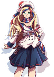 Rule 34 | 10s, 1girl, aqua eyes, belt, beret, blonde hair, blue hair, blue skirt, breasts, cleavage, commandant teste (kancolle), double-breasted, hat, kantai collection, looking at viewer, mazume, multicolored hair, pom pom (clothes), red hair, scarf, skirt, smile, solo, streaked hair