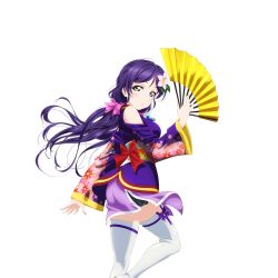 Rule 34 | 10s, 1girl, bow, flower, folding fan, green eyes, hair bow, hair flower, hair ornament, hand fan, holding, holding fan, japanese clothes, kimono, long hair, looking at viewer, looking back, love live!, love live! school idol festival, love live! school idol project, non-web source, obi, official art, pink bow, purple hair, purple ribbon, red bow, ribbon, sash, short kimono, side slit, solo, thighhighs, tojo nozomi, transparent background, white thighhighs, wide sleeves