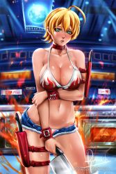 Rule 34 | 10s, 1girl, ahoge, bikini, bikini under clothes, blonde hair, blush, breasts, cleavage, collar, contrapposto, covered erect nipples, crowd, dark skin, embarrassed, full moon, green eyes, highres, holding another&#039;s arm, holster, javier estrada, knife, knife sheath, large breasts, lips, looking at viewer, midriff, mito ikumi, moon, navel, nose blush, open clothes, open shorts, oven, parted lips, reivash, sheath, shokugeki no souma, short hair, shorts, solo focus, stadium, standing, swimsuit, thigh holster, thighs, watermark, web address