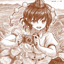 Rule 34 | 1girl, :d, breasts, camera, collared shirt, commentary request, dated, greyscale, hat, holding, holding camera, looking at viewer, medium breasts, monochrome, nokimenayu, open mouth, pom pom (clothes), shameimaru aya, shirt, short hair, short sleeves, skirt, smile, solo, teeth, tokin hat, touhou, upper body, upper teeth only