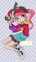 Rule 34 | 1girl, artist logo, baseball cap, black hat, black shorts, blue background, blunt bangs, closed mouth, commentary, diagonal stripes, dolphin shorts, floating, grey eyes, gym shorts, hand in pocket, hat, holding, holding weapon, imaikuy0, jacket, long hair, long sleeves, looking at viewer, multicolored clothes, multicolored jacket, n-zap (splatoon), nintendo, no socks, octoling, octoling girl, octoling player character, pink hair, ponytail, shoes, short shorts, shorts, sneakers, solo, splatoon (series), splatoon 2, striped, striped background, suction cups, symbol-only commentary, tentacle hair, weapon, white footwear, zipper
