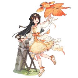Rule 34 | 1girl, animal request, ankle ribbon, bird, black hair, bow, braid, brown eyes, champagne flute, clothing request, collarbone, colored shoe soles, cup, dress, drinking glass, eurasian tree sparrow, flower, folding table, food, french braid, full body, girls&#039; frontline, grass, hair flower, hair ornament, hairband, holding, holding kite, imoko (imonatsuki), kite, leg ribbon, long hair, long sleeves, looking up, no socks, official alternate costume, official art, open mouth, orange bow, orange dress, orange hairband, orange ribbon, qbu-88 (explorer of the wild) (girls&#039; frontline), qbu-88 (girls&#039; frontline), ribbon, simple background, sleeveless, sleeveless dress, solo, sparrow, standing, standing on one leg, table, teeth, tiered tray, transparent background, upper teeth only, waist bow, weapon case, yellow footwear