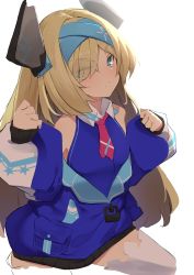 Rule 34 | 1girl, azur lane, bare shoulders, blonde hair, blue eyes, breasts, closed mouth, collared shirt, commentary request, eyes visible through hair, hair intakes, hairband, headgear, highres, isobe eiji, jacket, long hair, looking at viewer, necktie, off shoulder, red necktie, shirt, simple background, small breasts, smalley (azur lane), solo, swept bangs, v-shaped eyebrows, very long hair, white background, zipper