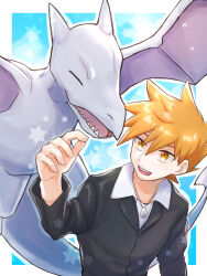 Rule 34 | 1boy, :d, aerodactyl, black jacket, blonde hair, blue oak, border, commentary request, creatures (company), game freak, gen 1 pokemon, hand up, highres, jacket, jewelry, long sleeves, male focus, mochi (mocchi p 2m), necklace, nintendo, open mouth, pokemon, pokemon (creature), pokemon hgss, shirt, short hair, smile, spiked hair, star (symbol), teeth, upper teeth only, white border, white shirt