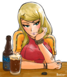 Rule 34 | 1girl, adapted costume, akairiot, alcohol, bandaid, bandaid on arm, beer, blonde hair, blue eyes, blush, bottle, bracelet, breasts, casual, eyeliner, female focus, glass, green eyes, hair ornament, hairclip, head rest, jewelry, large breasts, light smile, lips, long hair, looking at viewer, makeup, metroid, mole, mole under mouth, nintendo, ring, samus aran, shirt, smile, solo, swept bangs, t-shirt, table, taut clothes, varia suit, watch, wristwatch