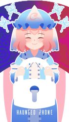Rule 34 | 1girl, ^ ^, arm garter, blue dress, blue hat, blue sash, blush, bug, butterfly, center frills, closed eyes, commentary, cowboy shot, dress, english commentary, english text, facing viewer, frilled shirt collar, frilled sleeves, frills, hat, highres, insect, long sleeves, mob cap, outline, pink eyes, ribbon-trimmed collar, ribbon trim, saigyouji yuyuko, saigyouji yuyuko&#039;s fan design, sash, smile, solo, touhou, triangular headpiece, veil, wallpaper, white outline, wide sleeves, yoruny