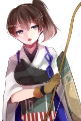 Rule 34 | 10s, 1girl, blue eyes, bow, flight deck, gloves, highres, kaga (kancolle), kantai collection, muneate, open mouth, short hair, side ponytail, solo, white background, zinpati