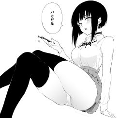 Rule 34 | 1girl, absurdres, arm support, black hair, blunt bangs, breasts, cellphone, choker, collared shirt, commentary request, crossed legs, from below, greyscale, heart, highres, holding, holding phone, kyokucho, large breasts, long sleeves, looking at viewer, monochrome, neck ribbon, open mouth, original, panties, phone, pleated skirt, ribbon, shirt, shirt tucked in, short hair, sidelocks, simple background, skirt, smartphone, solo, speech bubble, tented shirt, thighhighs, thighs, translation request, underwear, upper body