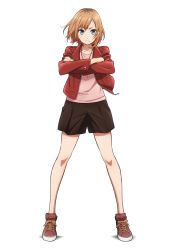 Rule 34 | 1girl, absurdres, brown hair, collar, crossed arms, frown, full body, highres, jacket, jewelry, key visual, long sleeves, miyamori aoi, necklace, official art, pink shirt, promotional art, red jacket, shirobako, shirt, short hair, shorts, simple background, solo, standing, swept bangs, unzipped, white background