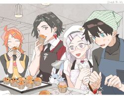 Rule 34 | 2boys, 2girls, :d, ^ ^, ahoge, apron, aqua eyes, baking, baking sheet, black apron, black hair, black necktie, black shirt, blue apron, blush, closed eyes, closed mouth, collared shirt, command spell, constantine xi (fate), creature, cupcake, earrings, eating, fate/grand order, fate (series), food, fou (fate), fruit, fujimaru ritsuka (female), fujimaru ritsuka (male), glasses, grey eyes, hair behind ear, hair between eyes, hair ornament, hairclip, hanging light, head scarf, highres, holding, holding food, jewelry, kitada, kitchen, light purple hair, looking at another, looking at food, mash kyrielight, medium hair, muffin, multiple boys, multiple girls, necktie, open mouth, oven mitts, parted bangs, pastry bag, pink apron, purple eyes, red vest, shirt, short hair, short sleeves, sleeves past elbows, smile, sparkle, steam, strawberry, sweatdrop, swept bangs, table, upper body, vest, whipped cream, white shirt, yellow apron
