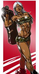 Rule 34 | 1girl, abs, armband, bag, bandaid, bare shoulders, black panties, breasts, camouflage, cleavage, dark-skinned female, dark skin, duffel bag, fingerless gloves, ganassa, gloves, hand on own hip, highleg, highleg panties, highres, large breasts, long hair, muscular, navel, panties, shiny skin, short shorts, shorts, silver hair, solo, standing, strapless, thick thighs, thighs, toned, tube top, underwear, vanessa lewis, virtua fighter