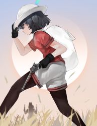 Rule 34 | 2girls, backpack, bad id, bad pixiv id, bag, black gloves, black hair, black legwear, blue eyes, breasts, commentary, day, dokomon, dual wielding, english commentary, finger on trigger, gloves, gun, hair between eyes, hand on headwear, hand up, handgun, hat feather, helmet, highres, holding, holding gun, holding weapon, kaban (kemono friends), kemono friends, pantyhose under shorts, looking away, multiple girls, outdoors, pantyhose, pith helmet, profile, red shirt, revolver, serval (kemono friends), shirt, short hair, short shorts, short sleeves, shorts, silhouette, small breasts, solo focus, standing, sun, weapon, white headwear, white shorts