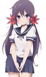 Rule 34 | 10s, 119, 1girl, akebono (kancolle), alternate hairstyle, bell, blush, flower, flying sweatdrops, hair bell, hair flower, hair ornament, highres, kantai collection, koutya, long hair, looking at viewer, low twintails, purple eyes, purple hair, school uniform, serafuku, simple background, skirt, solo, twintails, v arms, very long hair, white background
