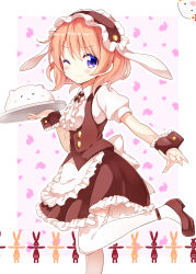Rule 34 | 1girl, :3, ;), alternate costume, angora rabbit, animal ears, apron, black footwear, black skirt, blouse, blush, breasts, closed mouth, collared shirt, commentary request, fake animal ears, fleur de lapin uniform, floppy ears, frilled cuffs, frilled hairband, frilled shirt, frilled skirt, frills, gochuumon wa usagi desu ka?, hairband, heart, highres, holding, holding tray, hoto cocoa, lolita hairband, looking at viewer, mary janes, nanakusa (user rnpt7322), one eye closed, orange hair, outline, puffy short sleeves, puffy sleeves, purple eyes, rabbit, rabbit ears, shirt, shoes, short hair, short sleeves, sidelocks, skirt, small breasts, smile, solo, standing, standing on one leg, thighhighs, tippy (gochiusa), tray, underbust, waist apron, white apron, white background, white outline, white shirt, white thighhighs, wrist cuffs, zettai ryouiki