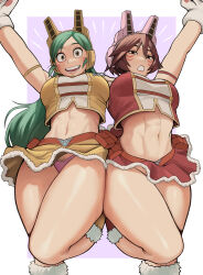 Rule 34 | 2girls, animal hands, boku no hero academia, breasts, brown hair, commentary, facial mark, gloves, green hair, gud0c, headgear, highres, legs, long hair, mandalay (boku no hero academia), medium breasts, midriff, miniskirt, multiple girls, open mouth, panties, paw gloves, ragdoll (boku no hero academia), skirt, symbol-only commentary, underwear, whisker markings