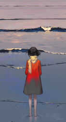 Rule 34 | 1girl, absurdres, barefoot, black hair, coat, color drain, commentary, facing away, from behind, full body, gradient coat, grey coat, highres, long sleeves, mallllma, medium hair, ocean, original, outdoors, red coat, scarf, signature, solo, standing, wading, water, waves, white scarf