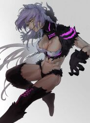 Rule 34 | 1girl, absurdres, angry, animal ears, atalanta (fate), atalanta alter (fate), black collar, black fur, body fur, breasts, cat ears, cat girl, chain, claws, cleavage, clenched teeth, collar, dark-skinned female, dark skin, fate/apocrypha, fate/grand order, fate (series), from side, glowing, glowing eyes, gradient background, green eyes, grey background, highres, long hair, looking ahead, medium breasts, midriff, muscular, muscular female, navel, outstretched arms, purple hair, slit pupils, solo, spread arms, standing, standing on one leg, teeth, thighs, tonko from, very long hair, white background