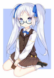 Rule 34 | 1girl, black footwear, blue bow, blue bowtie, blue eyes, blue ribbon, bow, bowtie, brown skirt, brown vest, buttons, closed mouth, collared shirt, frown, glasses, hairband, long hair, own hands together, parted bangs, pinstripe pattern, pinstripe vest, pleated skirt, ribbon, shirt, shoes, simple background, sitting, sitting on lap, sitting on person, skirt, socks, solo, star (symbol), striped clothes, striped skirt, striped vest, tengxiang lingnai, twintails, vertical-striped clothes, vertical-striped skirt, vertical-striped vest, vest, waistcoat, warship girls r, washington (warship girls r), white shirt, white socks