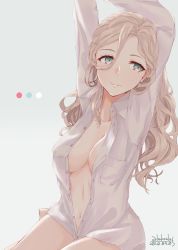 Rule 34 | 1girl, alakoala, aqua eyes, arms up, blonde hair, blush, breasts, dated, gradient background, hair between eyes, highres, kantai collection, large breasts, long hair, looking at viewer, mole, mole under eye, naked shirt, navel, richelieu (kancolle), shirt, sitting, smile, solo