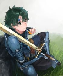 Rule 34 | 1boy, alm (fire emblem), armor, fire emblem, fire emblem echoes: shadows of valentia, futabaaf, gloves, green eyes, green hair, highres, male focus, nintendo, simple background, solo, weapon, white background
