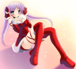 Rule 34 | 00s, 1girl, bare shoulders, blue eyes, blush, choker, christmas, dress, elbow gloves, gloves, highres, hiiragi kagami, long hair, lucky star, lying, namamo nanase, panties, purple hair, santa costume, sitting, solo, strapless, strapless dress, striped clothes, striped panties, thighhighs, twintails, underwear