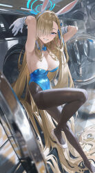 Rule 34 | 1girl, absurdly long hair, animal ears, armpits, arms behind head, arms up, asuna (blue archive), asuna (bunny) (blue archive), bare shoulders, blonde hair, blue archive, blue eyes, blue leotard, blurry, blurry foreground, bow, bowtie, breasts, brown pantyhose, cleavage, depth of field, detached collar, eyes visible through hair, fake animal ears, gloves, grin, hairband, halo, high heels, highleg, highleg leotard, highres, large breasts, leg up, legs, leotard, long hair, looking at viewer, official alternate costume, pantyhose, parted bangs, playboy bunny, rabbit ears, smile, solo, strapless, strapless leotard, thighband pantyhose, thighs, ttk (kirinottk), very long hair, washing machine, white footwear, white gloves, white hairband