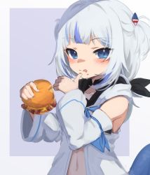 Rule 34 | 1girl, absurdres, blue eyes, burger, coat, cosplay, detached sleeves, eating, food, gawr gura, hair ornament, highres, holding, holding food, hololive, hololive english, hood, hood down, klaius, long sleeves, looking at viewer, medium hair, multicolored hair, navel, open clothes, open coat, shirakami fubuki, shirakami fubuki (1st costume), shirakami fubuki (cosplay), solo, tongue, tongue out, two-tone hair, two side up, upper body, virtual youtuber, white coat, white hair, wide sleeves