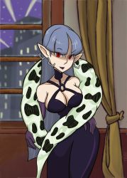 Rule 34 | alternate form, blue hair, breasts, cityscape, cleavage, collarbone, cowboy shot, curtains, double (skullgirls), dress, earrings, elf, eyes visible through hair, feather boa, hand on own hip, highres, jewelry, large breasts, pointy ears, purple lips, red eyes, skullgirls, smile, thabackbone1, window