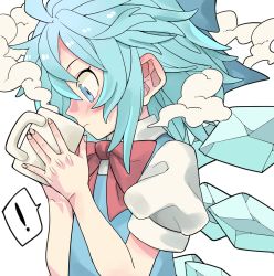 Rule 34 | !, 1girl, banana takemura, blue dress, blue eyes, blue hair, bow, bowtie, cirno, cup, dress, highres, holding, holding cup, ice, ice wings, looking down, medium hair, puffy short sleeves, puffy sleeves, red bow, red bowtie, short sleeves, simple background, solo, spoken exclamation mark, steam, touhou, upper body, white background, wings