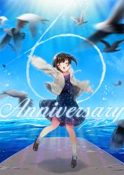Rule 34 | 1girl, 6+others, aircraft, airplane, anchor symbol, anniversary, bird, black footwear, black hair, blue dress, blue sky, cloud, commentary request, contrail, day, drawstring, dress, closed eyes, fubuki (kancolle), full body, grey legwear, hood, hooded jacket, hoodie, jacket, jumping, kantai collection, lace-up shoes, light rays, low ponytail, motion blur, multiple others, n:go, open mouth, outdoors, polka dot, polka dot dress, ponytail, seagull, short ponytail, sidelocks, sky, socks, sunbeam, sunlight, white jacket