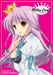 Rule 34 | 1girl, :d, blue ribbon, blush, brown eyes, crown, cum, juliet sleeves, long sleeves, looking at viewer, open mouth, original, parted lips, puffy long sleeves, puffy sleeves, purple hair, ribbon, sasahiro, smile, solo, twintails